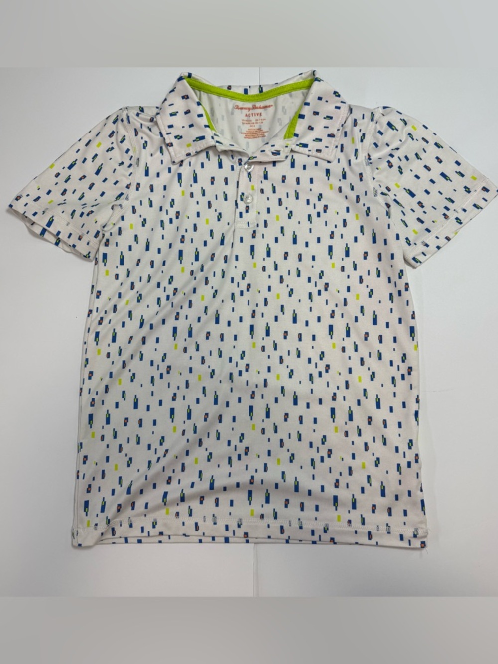 Tommy Bahama White Polo with Blue and Lime Dot Motif size M 7-8
